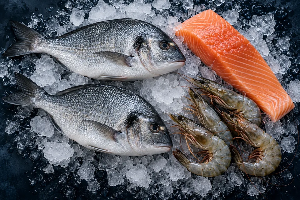 Illustrative whole fish, salmon and prawns on crushed ice